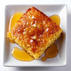 Square Piece of Cornbread with Honey Drizzle