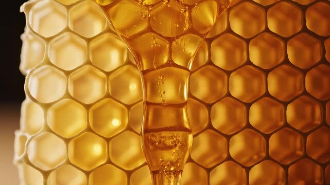 Golden honey slowly dripping over hexagonal honeycomb pattern with warm, rich amber color and glossy liquid texture, close-up macro, natural sweet nectar in organic beeswax structure.