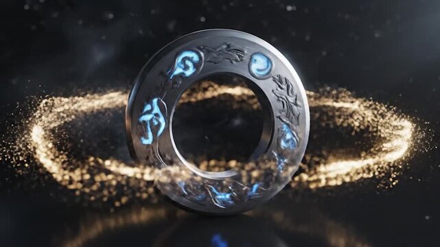 Circular metallic artifact with glowing blue symbols and golden particles
