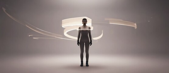 Minimal futuristic virtual human surrounded by subtle light structures symbolizing advanced technology, innovation and digital presence
