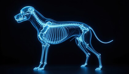 Fototapeta premium Canine skeletal structure illuminated with bright blue light against a dark background