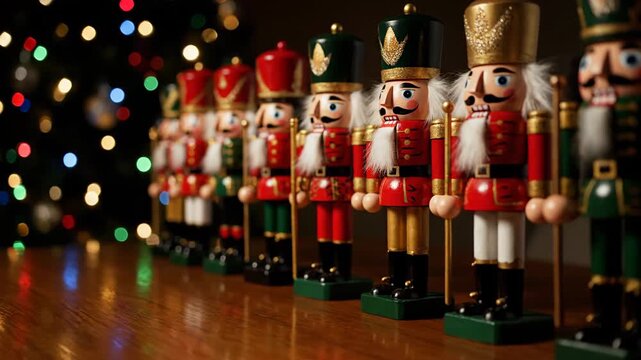 Festive Row of Traditional Christmas Nutcracker Soldier Dolls.