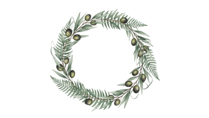 Watercolor greenery wreath with olive branches and fern leaves. Minimalist botanical circle frame for logo and branding composition.
