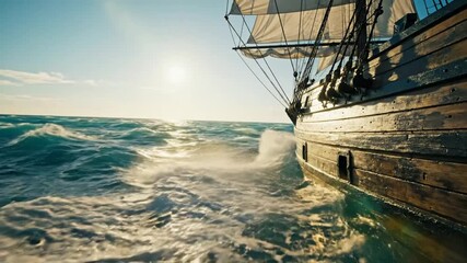 Wooden sailing ship cutting through the ocean waves under a bright sunny sky during daytime, adventure