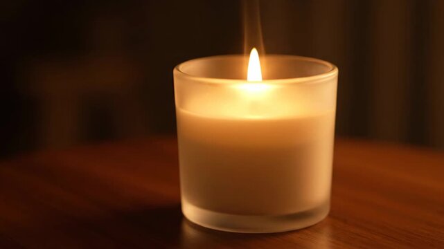 Peaceful ambient light from a single burning candle flame.