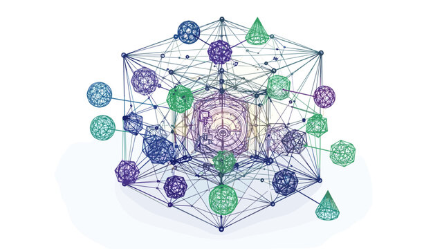 Abstract geometric wireframe structure with interconnected shapes and lines
