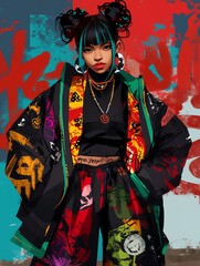 Frau mit bunter extravaganter Kleidung, Mode, Stil