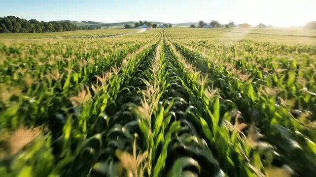 Drone perspective of a vibrant green cornfield with long rows stretching toward a serene horizon on a clear, sunny day