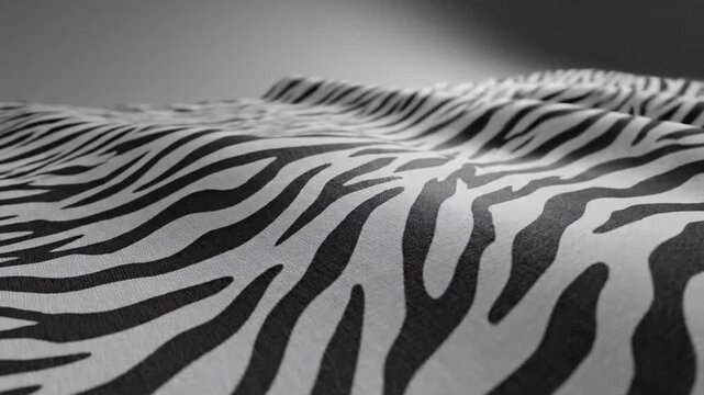 Close-up of a textured zebra print fabric with gentle waves and shadows in black and white