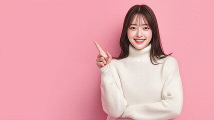 女性がピンク背景で右手で指差す
