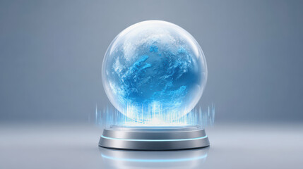 Water Scarcity Management concept. A futuristic globe encased in glass, displaying Earth"s surface with digital elements, suggesting technology and innovation.
