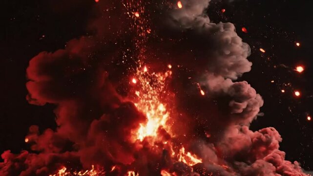 Epic explosion scene with flames and smoke effects against a dark background, dramatic inferno eruption