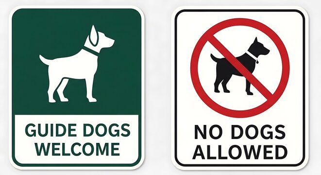 Guide dogs welcome and no dogs allowed signs for accessibility and restrictions.
