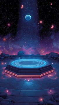 Futuristic cosmic stage with neon rings, starry sky, planet, and musical notes for music festivals, KPop sci-fi events, or virtual performances