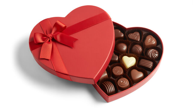 heart shaped box of assorted chocolates with ribbon