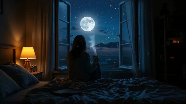 Girl sitting on edge of bed with back to viewer and looking into open window at full moon in dark blue sky, mysterious atmosphere of insomnia and romantic night thoughts in bedroom and magical night
