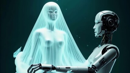 Humanoid robot designer holding transparent fabric while interacting with female mannequin silhouette in futuristic studio. Concept of modern technology and fashion innovation, robot clothing creation
