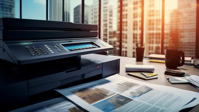 Multifunction Office Printer and Copier on Desk with Documents and City Skyline View