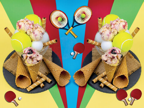 Composizione speculare di coppe di gelato come trofeo dopo una partita di tennis con palline da ping pong su sfondo colorato