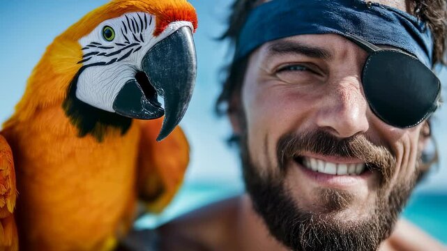 Adventurous pirate with parrot enjoys sunny seaside retreat