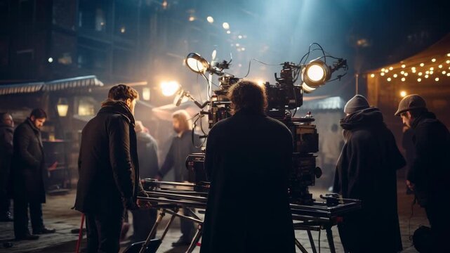 Film crew with professional camera on a movie set at night, shooting a scene under bright production lights.