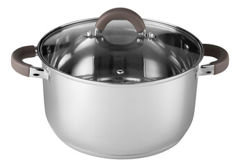 Glossy stainless steel pot without logo, with glass lid and handles