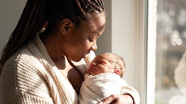 Loving mother tenderly kisses baby?s forehead by sunlit cozy window