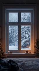 Fototapeta premium Generative AI Winter Scene View Through Cozy Window Panel