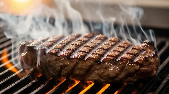 A juicy grilled steak sizzling on a barbecue grill with flames and smoke rising. Perfect for food blogs, restaurant menus, cooking websites.
