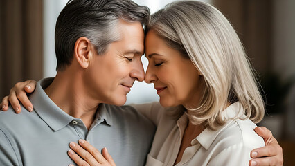 Mature couple embracing and smiling together intimately