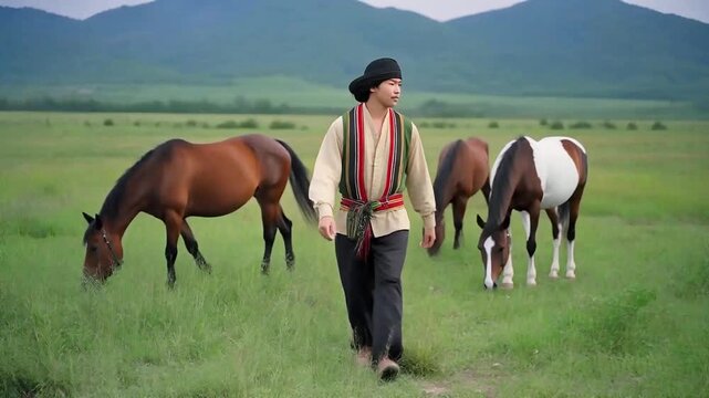 horse breeder farmer retro silhouette man walking hero nature mountain traditional