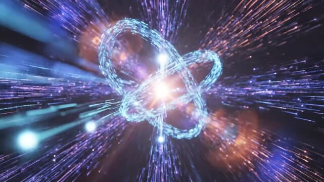 Abstract futuristic digital art with glowing rings and particles exploding from a central point, space theme