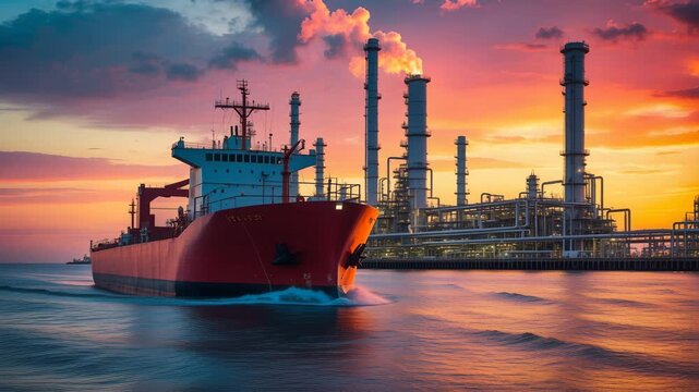 Red tanker ship approaches industrial refinery at sunset with colorful sky
