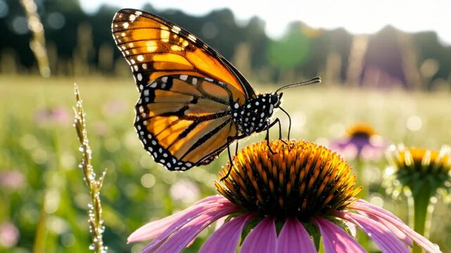 Monarch butterfly feeding on a purple coneflower in a sunlit meadow during golden hour showcasing natural beauty