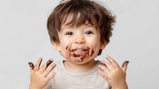 A young boy covered in chocolate smudges on his face and hands, making various expressive faces.