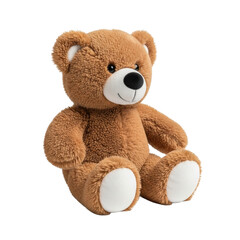 Obraz premium Cute soft brown plush teddy bear, 12 inches tall, with matte black nose, white snout, and paw pads, sitting on a plain white background with subtle shadow, ultra-realistic product photography concept