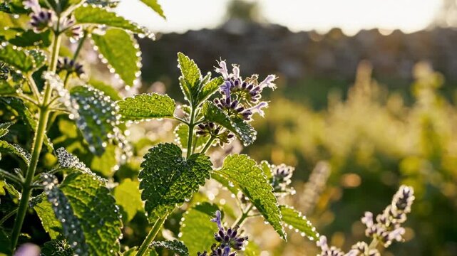 Morning light illuminating blooming catnip with dew drops in a tranquil garden setting, serene nature scene