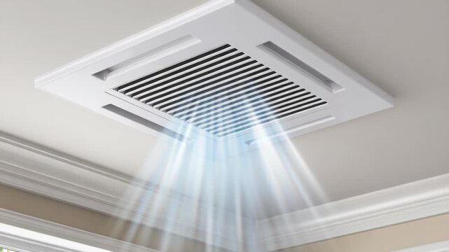 A square ceiling cassette air conditioner is distributing cool air into a room. This is a typical residential or commercial cooling system.