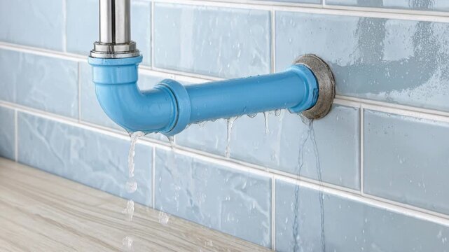 A close-up shot of a leaking blue pipe with water dripping down a tiled wall and onto a countertop.