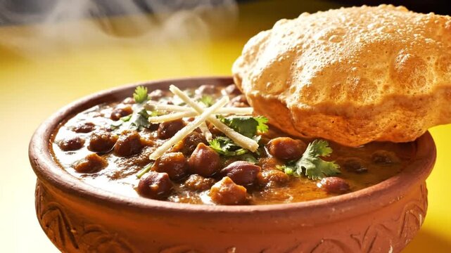 Savory Chole Bhature: A Delicious Indian Dish Served in a Rustic Clay Bowl with Fresh Garnish