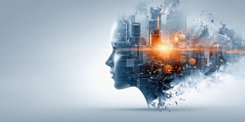 Concept of workforce skills in digital transformation. A futuristic silhouette blends a human face with a cityscape, showcasing the integration of technology and urban life.