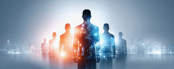 Concept of workforce skills in digital transformation. Silhouetted figures with digital effects stand against a cityscape, representing technology, innovation, and modernity.