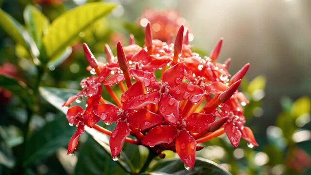 Close-up of vibrant red ixora flowers glistening with raindrops against a blurred green background, serene nature scene