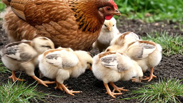 A mother hen teaches her adorable, fluffy brood of chicks how to forage for food, pecking together on the dark soil in a grassy, natural farm environment