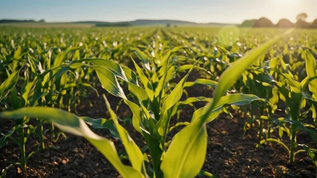 Low angle of a vibrant cornfield basking in the golden sunlight of a warm summer day with rows of green plants
