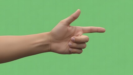 Human hand making a clear pointing gesture with the index finger, indicating direction, emphasis, or a playful pretend action, isolated on a vibrant green screen background