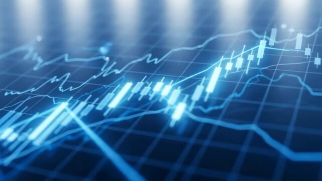 Abstract financial chart with uptrend line graph in blue color scheme.