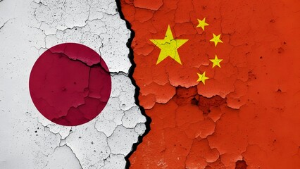 Cracked wall displaying the flags of Japan and China, symbolizing the strained and fractured geopolitical relationship between the two East Asian nations.
