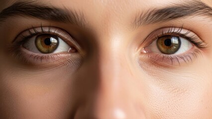 Obraz premium A close-up of a person's eyes and nose, showcasing their brown eyes and thick eyebrows.