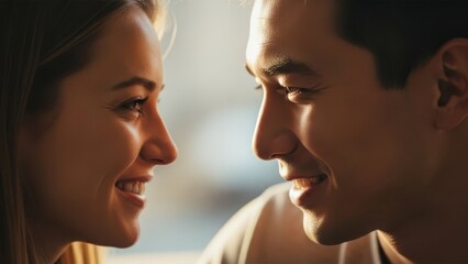 Fototapeta premium A young couple sharing a tender moment with joyful expressions on their faces.